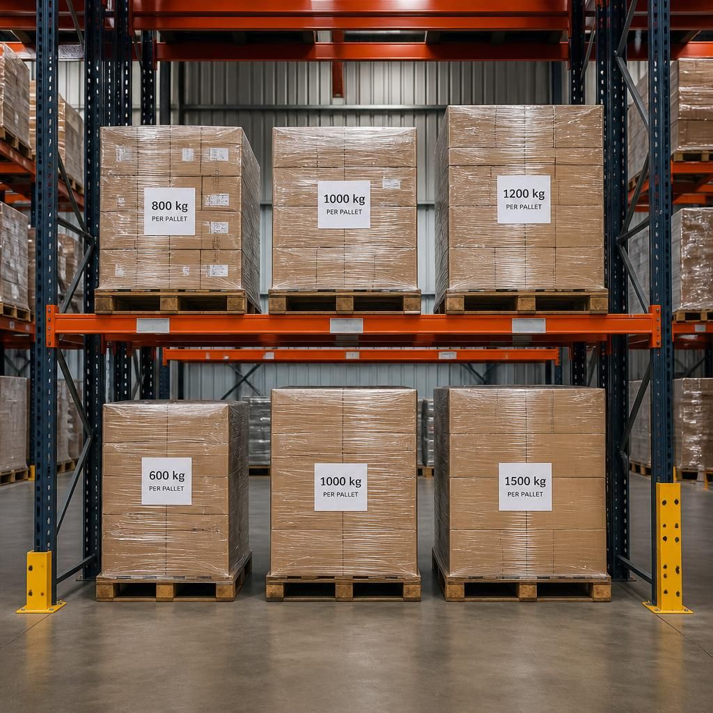 Pallets with different load weights stored on beams in a wide aisle racking bay