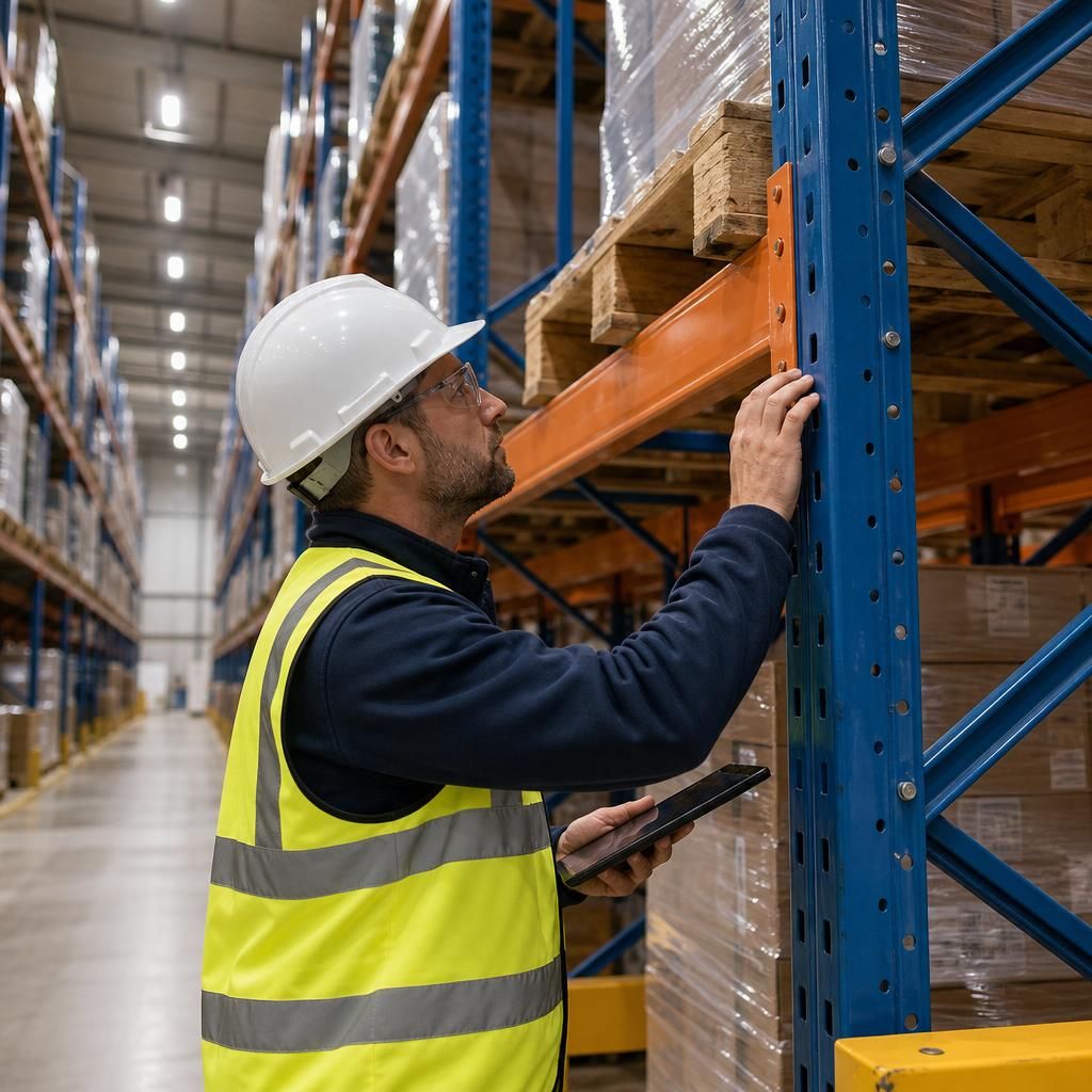 Inspector examining pallet racking uprights and beam connections in a warehouse aisle