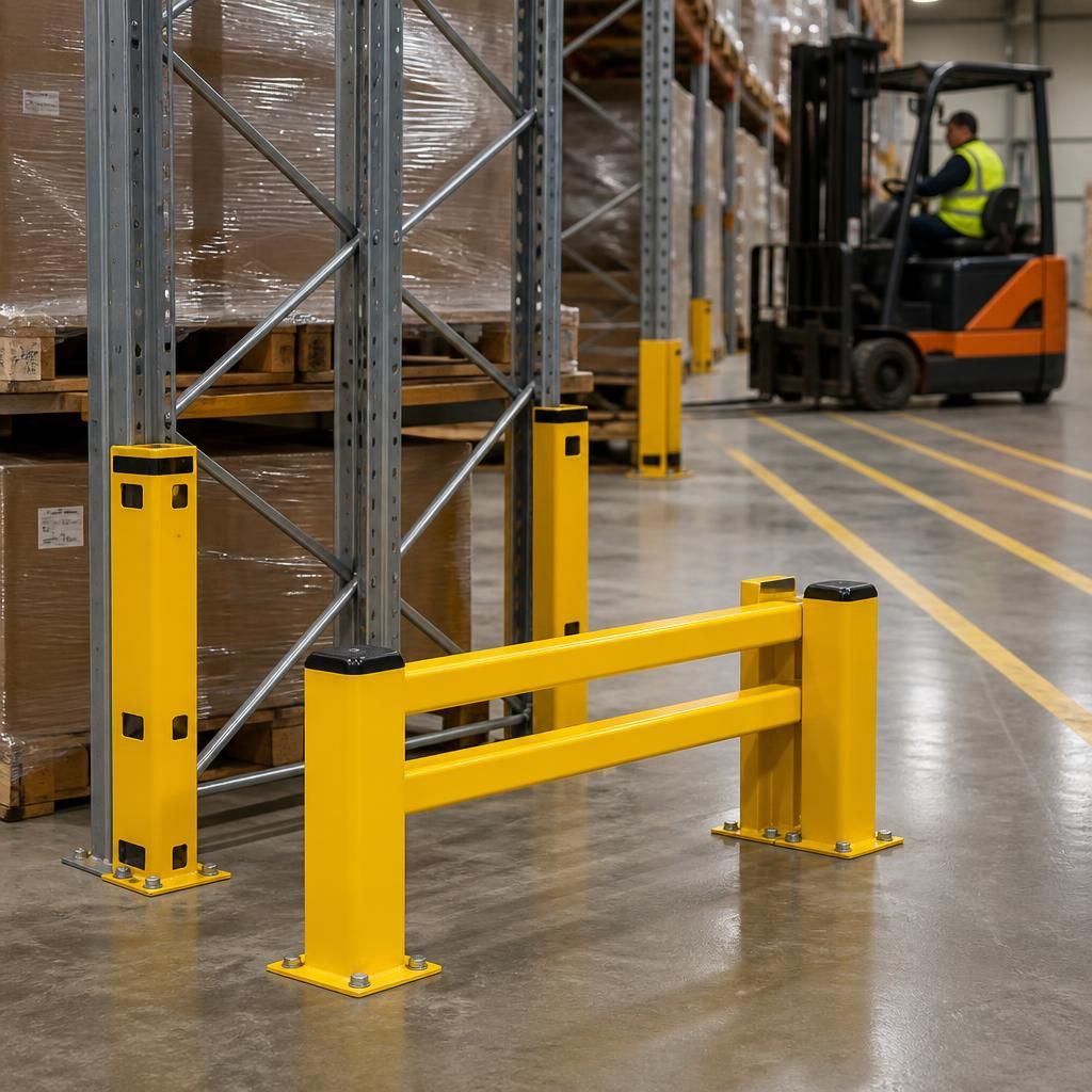 Pallet racking upright guards and an end-of-aisle barrier beside a forklift route