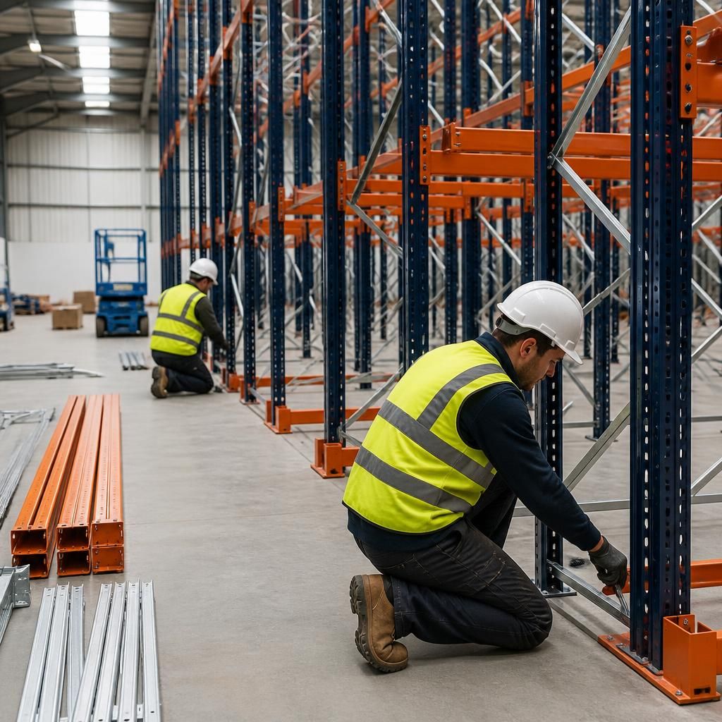 Installers assembling pallet racking in a warehouse aisle