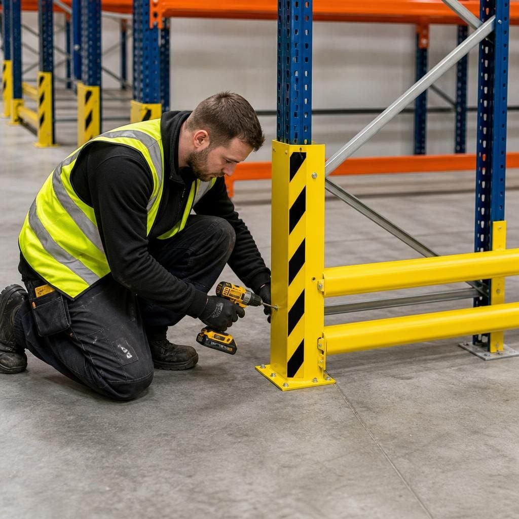 Installer fitting protective accessories to pallet racking in a warehouse aisle