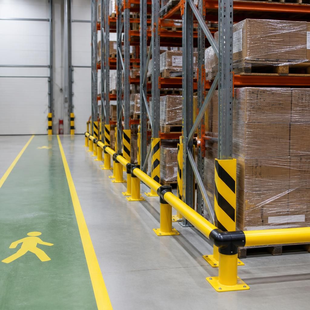 Safety barriers and rack protection installed beside pallet racking