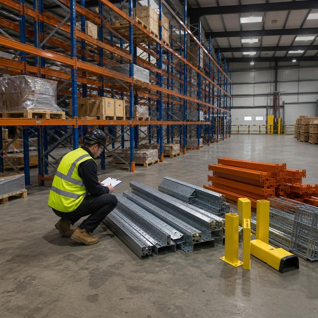 Pallet racking with accessories arranged beside a prepared warehouse installation area