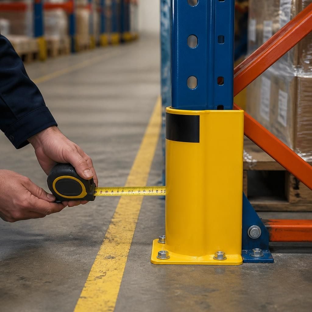 Tape measure checking clearance beside a pallet racking upright guard