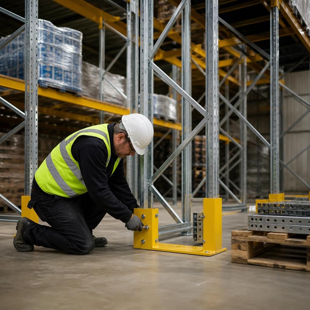 Installer fitting pallet racking accessories beside warehouse storage bays
