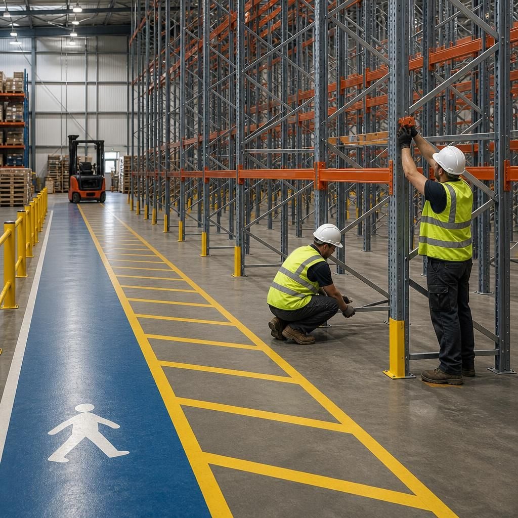 Installers assembling pallet racking beside marked warehouse access routes