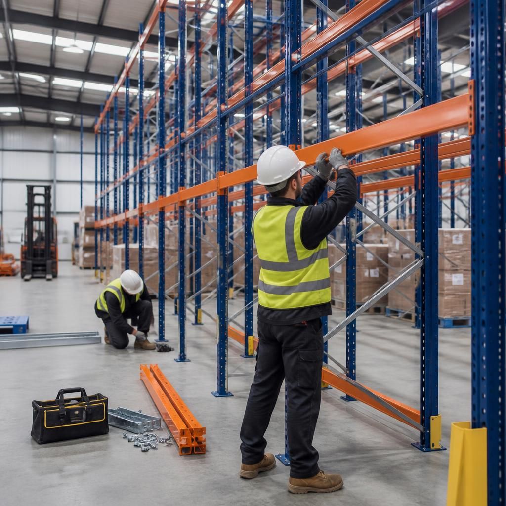 Installers assembling pallet racking inside a warehouse