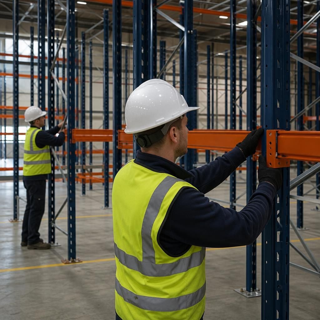 Warehouse operatives fitting beams between pallet racking uprights