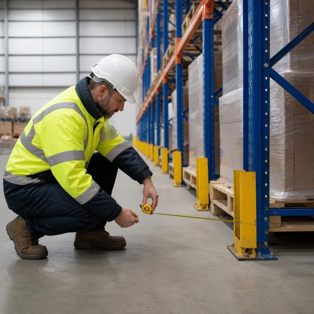 Warehouse surveyor measuring aisle clearance beside pallet racking