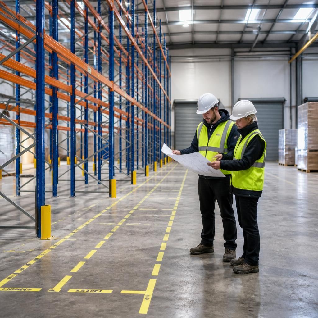 Warehouse team reviewing a pallet racking layout beside a marked installation area