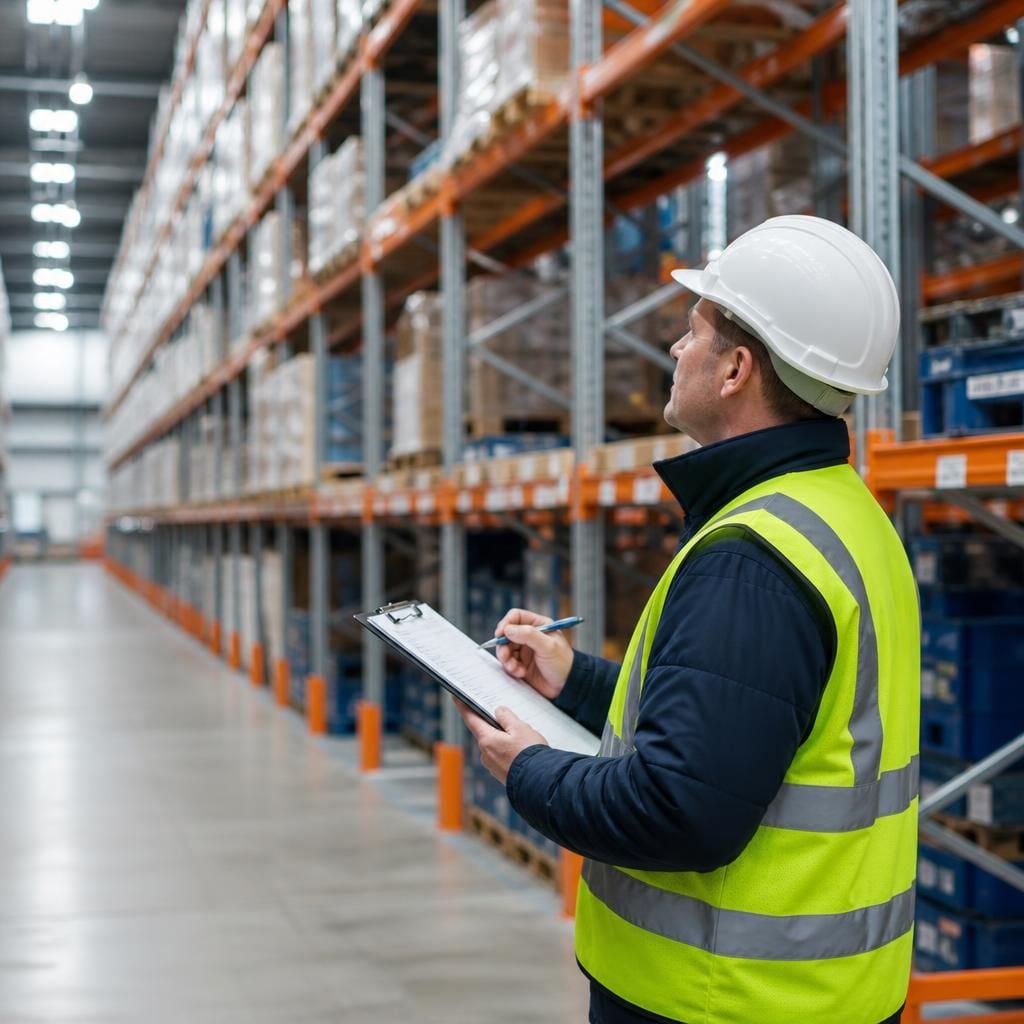 Inspector reviewing pallet racking in a warehouse aisle