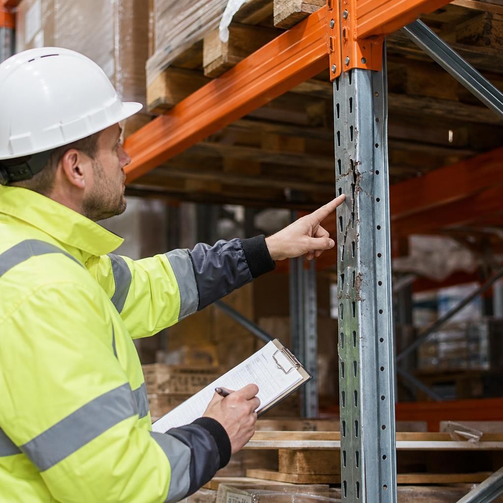 Warehouse pallet racking being inspected for damage