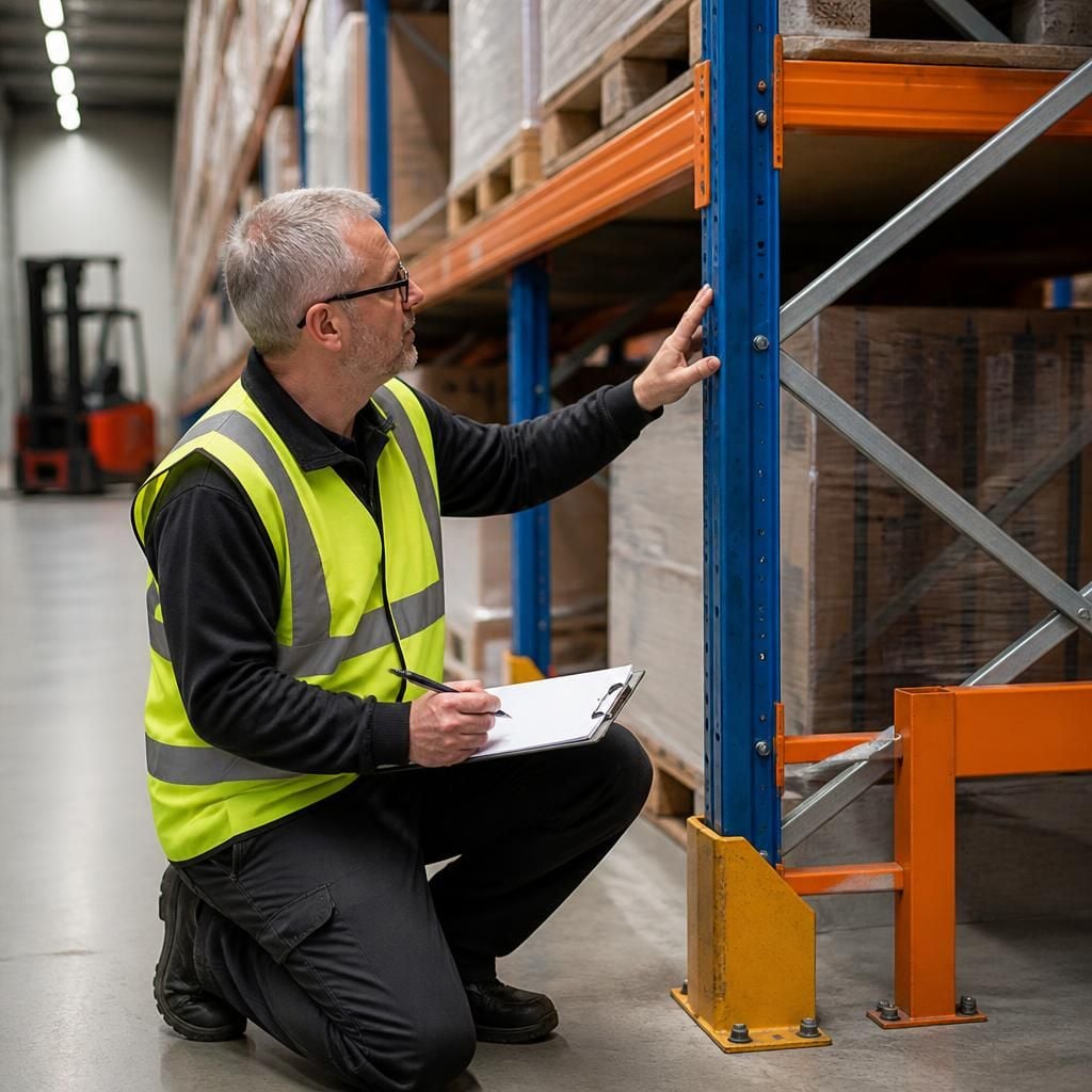 Inspector examining pallet racking uprights, beams and safety guards in a warehouse