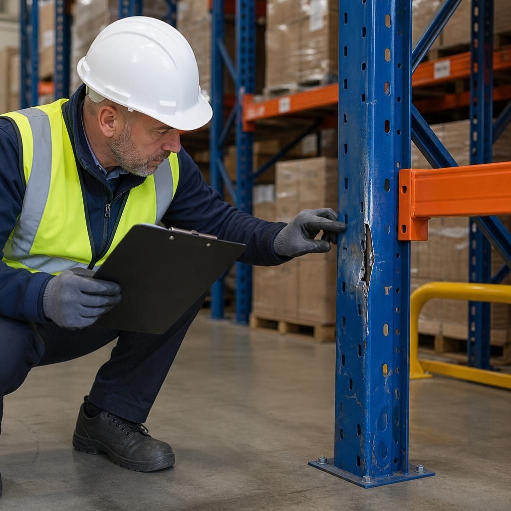 Inspector examining a damaged pallet racking upright in a warehouse