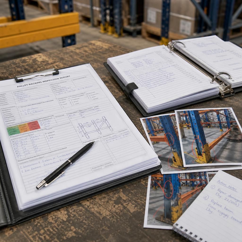 Warehouse racking inspection report beside marked-up rack photographs and action notes