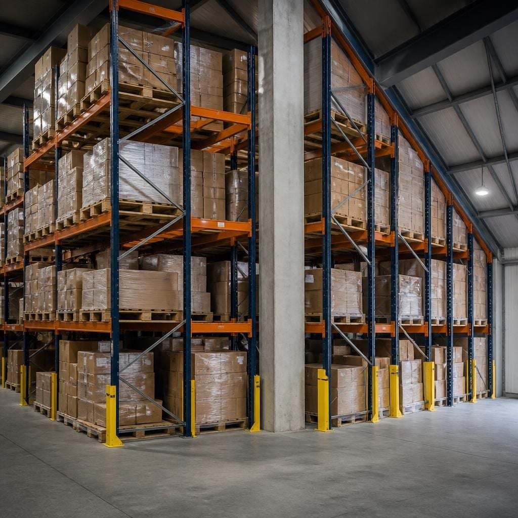 Pallet racking fitted around columns and an angled warehouse wall