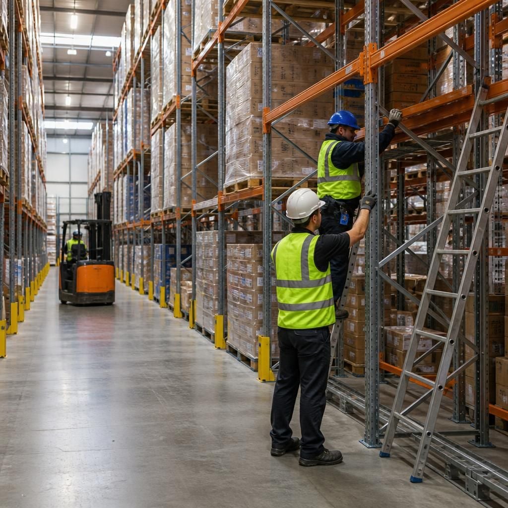 Pallet racking installers working beside marked warehouse storage aisles