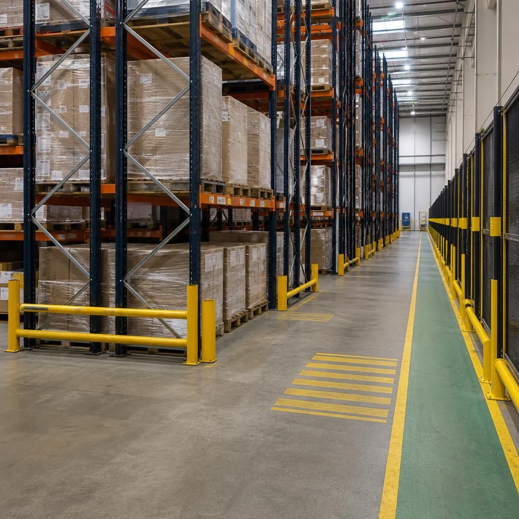 Warehouse pallet racking with multiple storage levels and marked access aisles