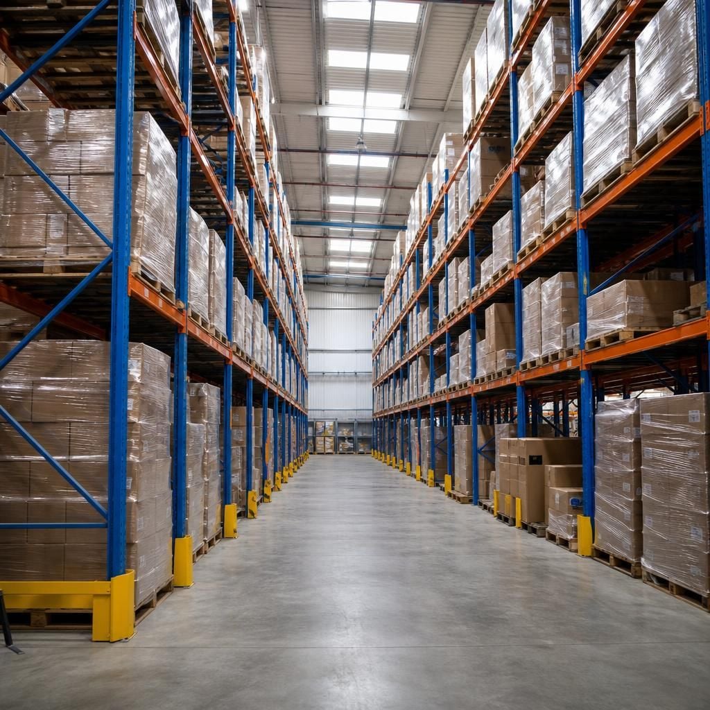 Warehouse pallet racking with stored pallets and access aisles