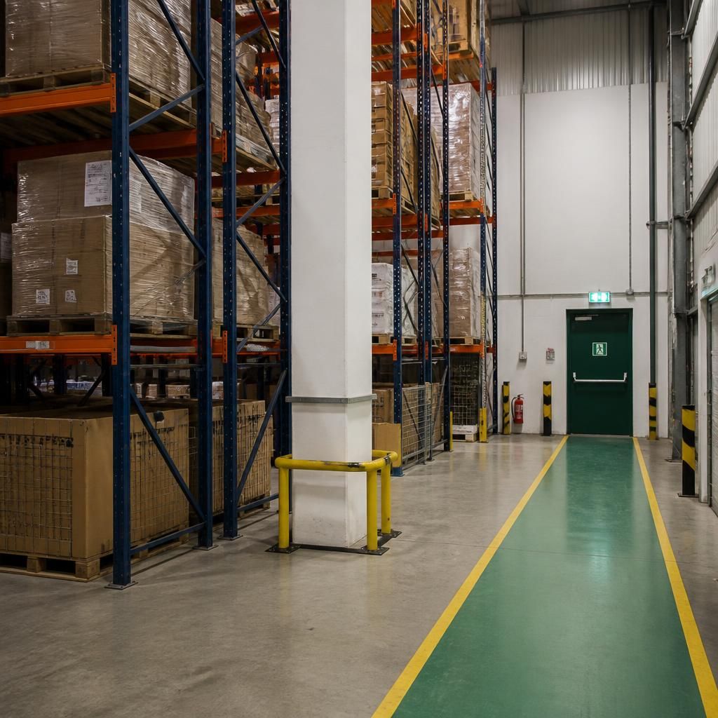 Pallet racking bays arranged beside a structural column and marked fire exit route
