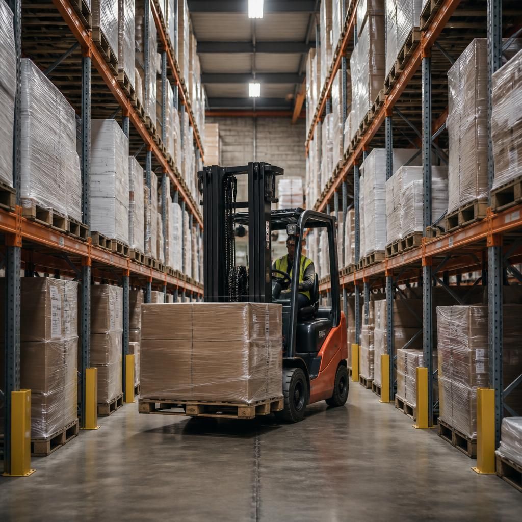 Forklift moving between pallet racking aisles in a warehouse