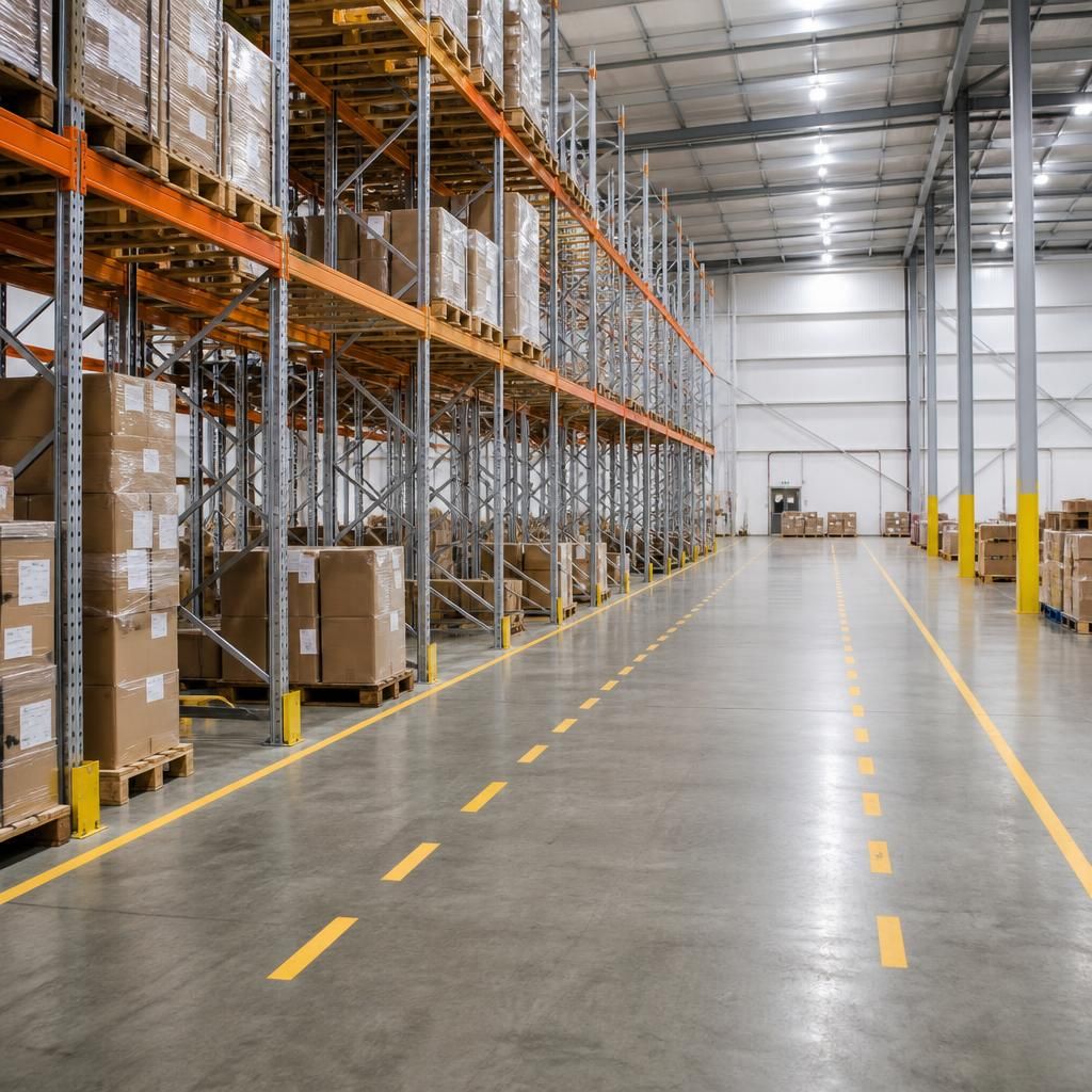 Warehouse pallet racking with clear space for additional bays and marked access routes