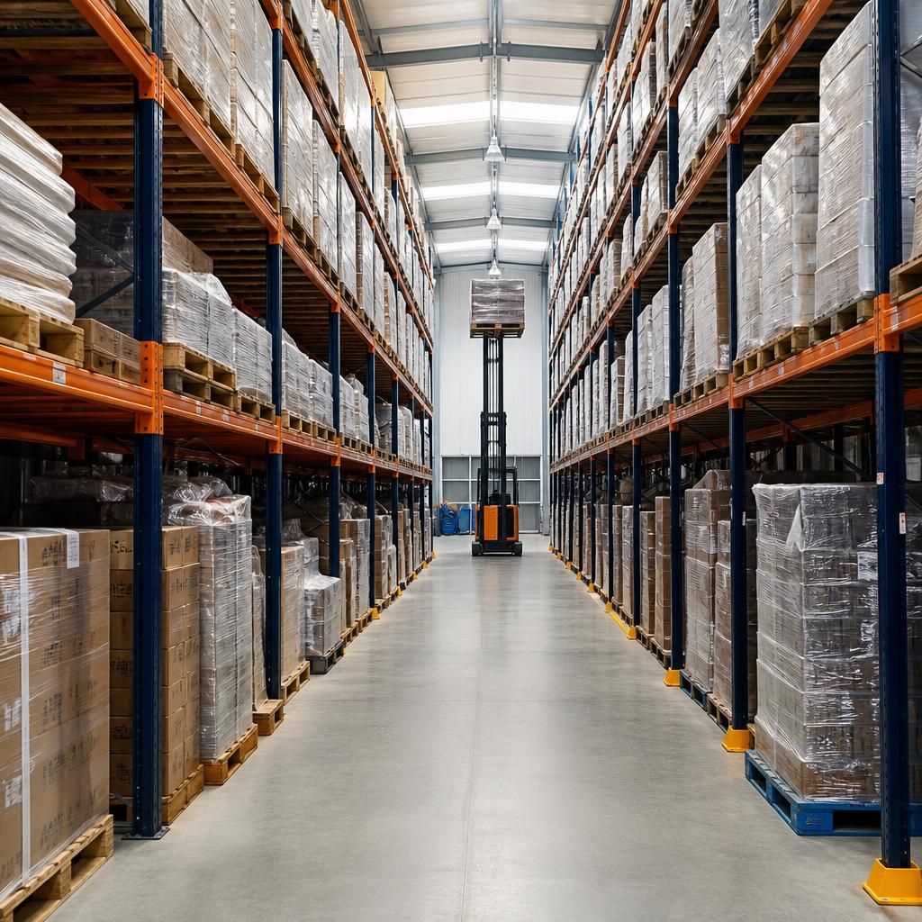 Warehouse aisle showing pallet racking bays with stored pallets