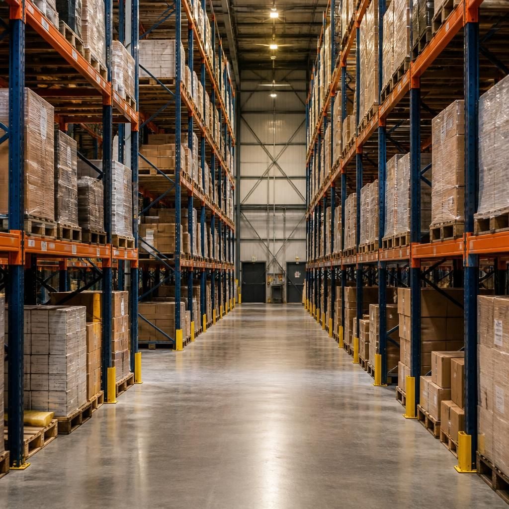 Warehouse aisle with pallet racking and stored goods