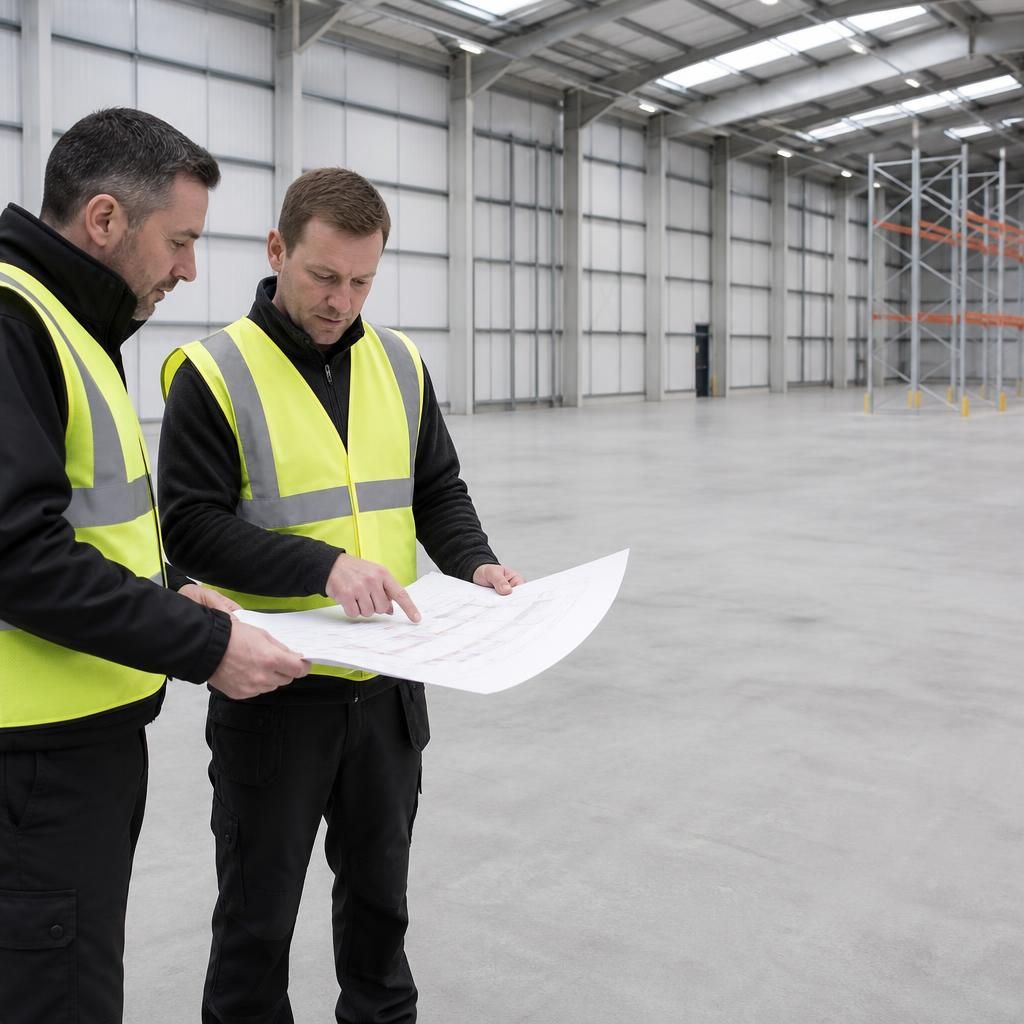 Warehouse team reviewing a pallet racking layout plan beside an empty storage area