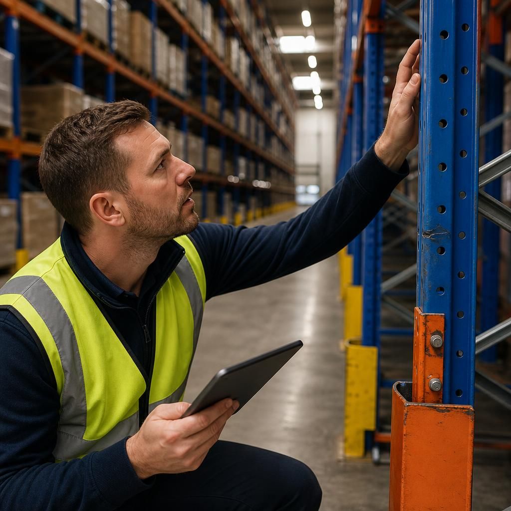 Warehouse worker examining pallet racking uprights and beam connections