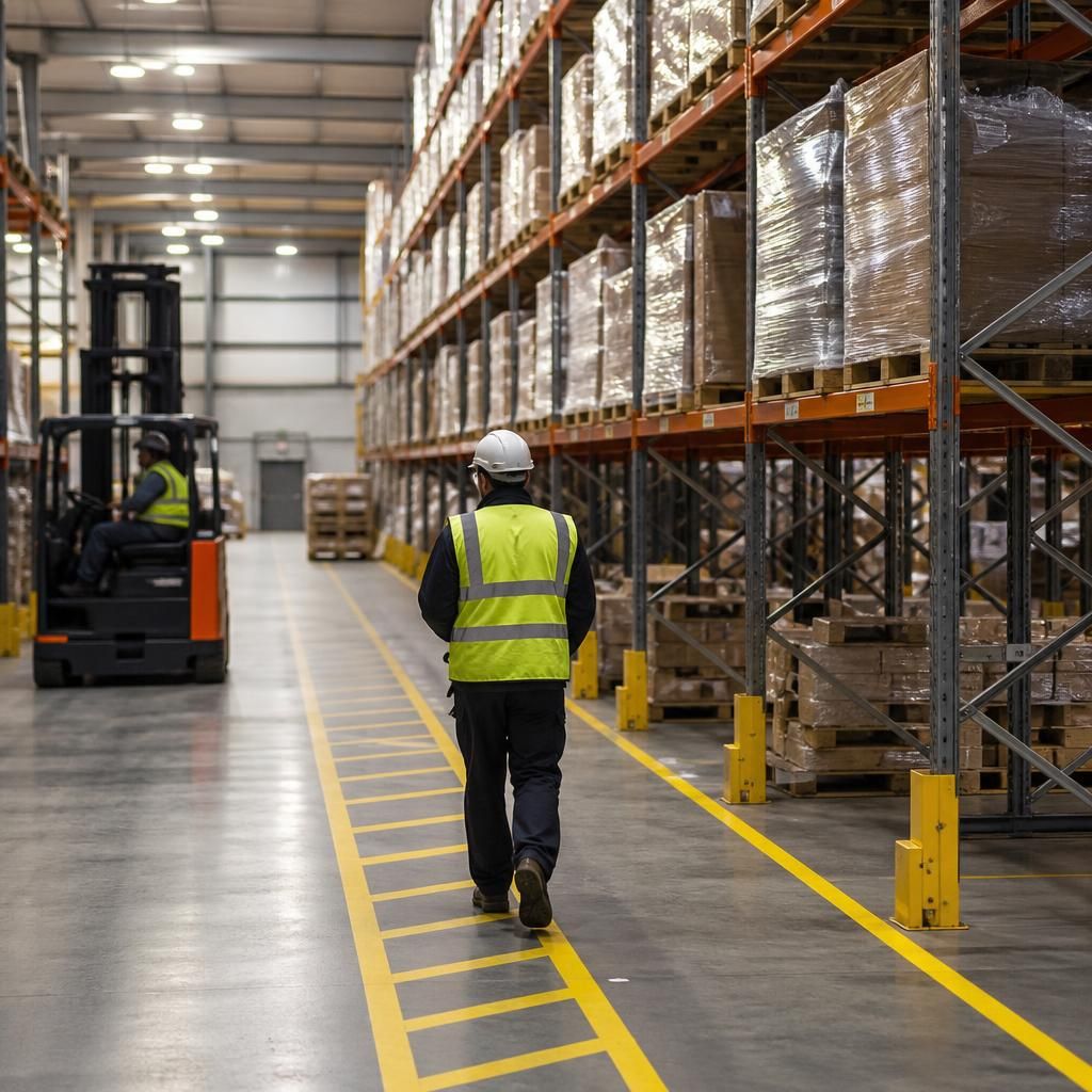 Warehouse pallet racking with forklifts and marked pedestrian aisles