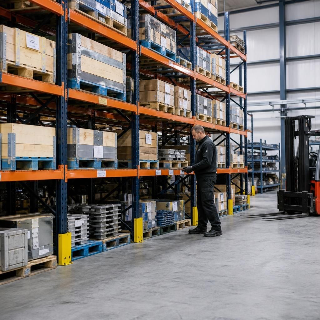 Pallet racking supporting organised manufacturing stock storage