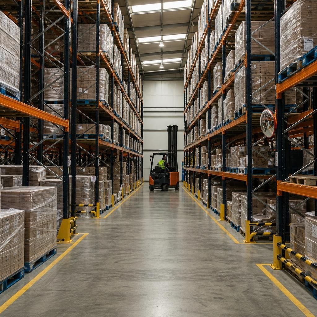 Pallet racking arranged around warehouse access routes