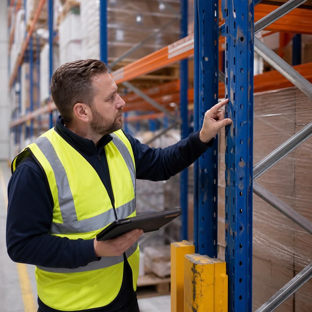 Inspector examining pallet racking frames, beams and safety components in a warehouse aisle