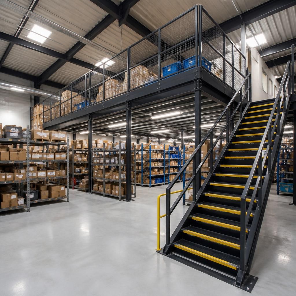 Warehouse mezzanine floor with stairs, handrails and storage beneath