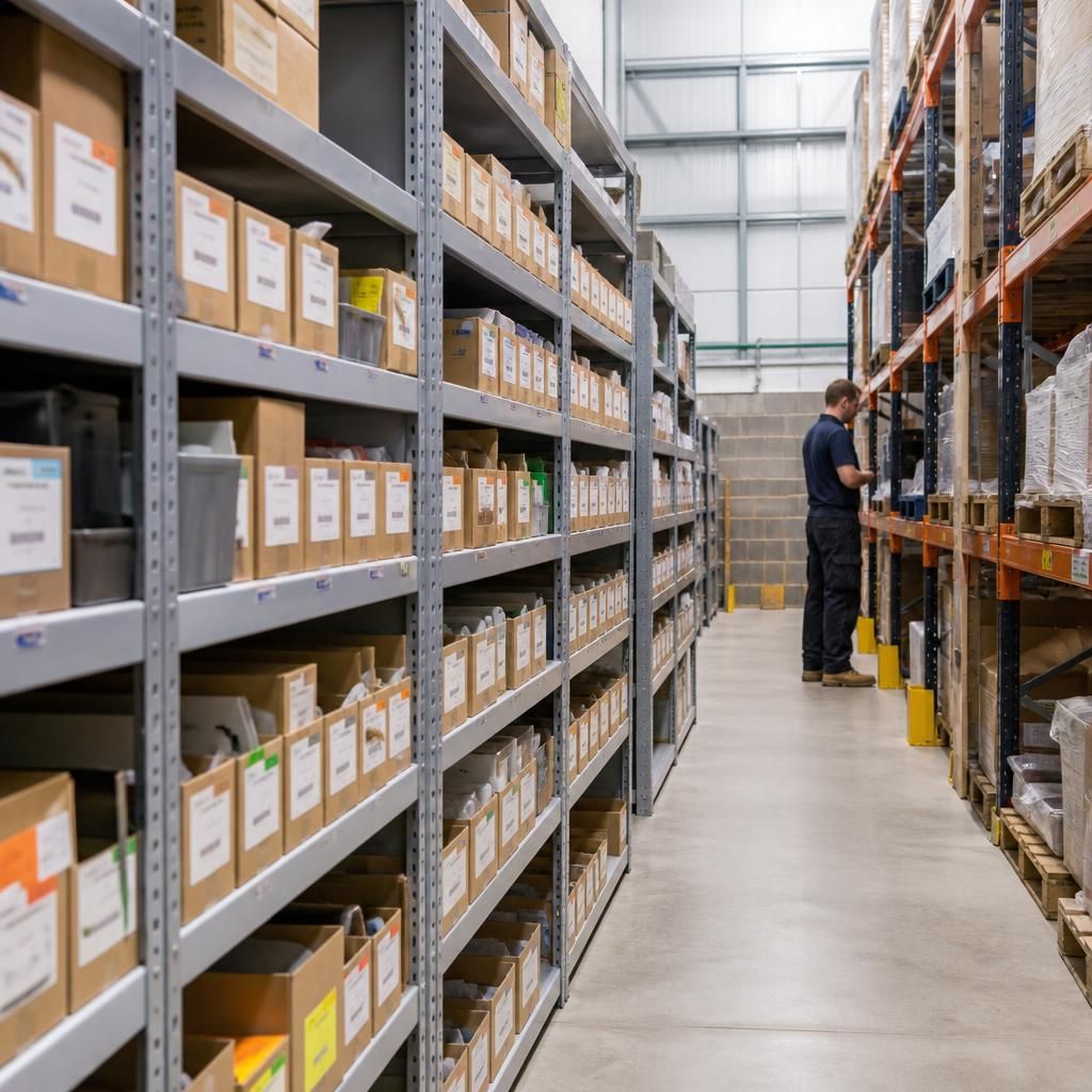 Industrial shelving holding labelled boxes beside pallet racking