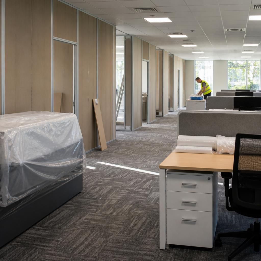 Office desks beside partition walls and covered equipment during a fit-out