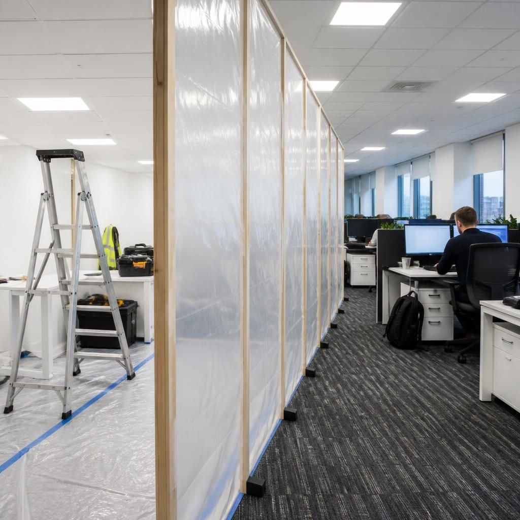 Office partitioning separating an installation area from occupied workspaces