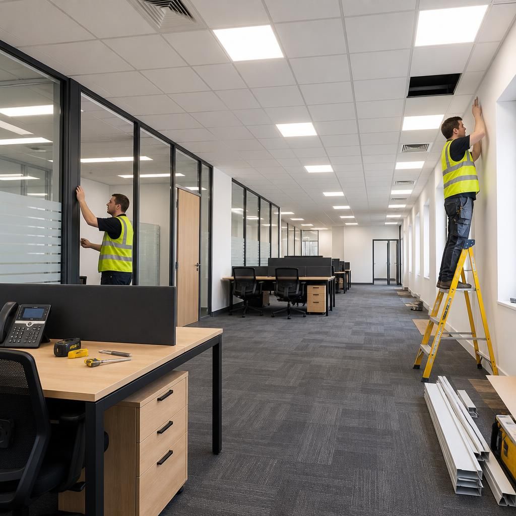 Office fit-out showing partition walls, desks and installation work