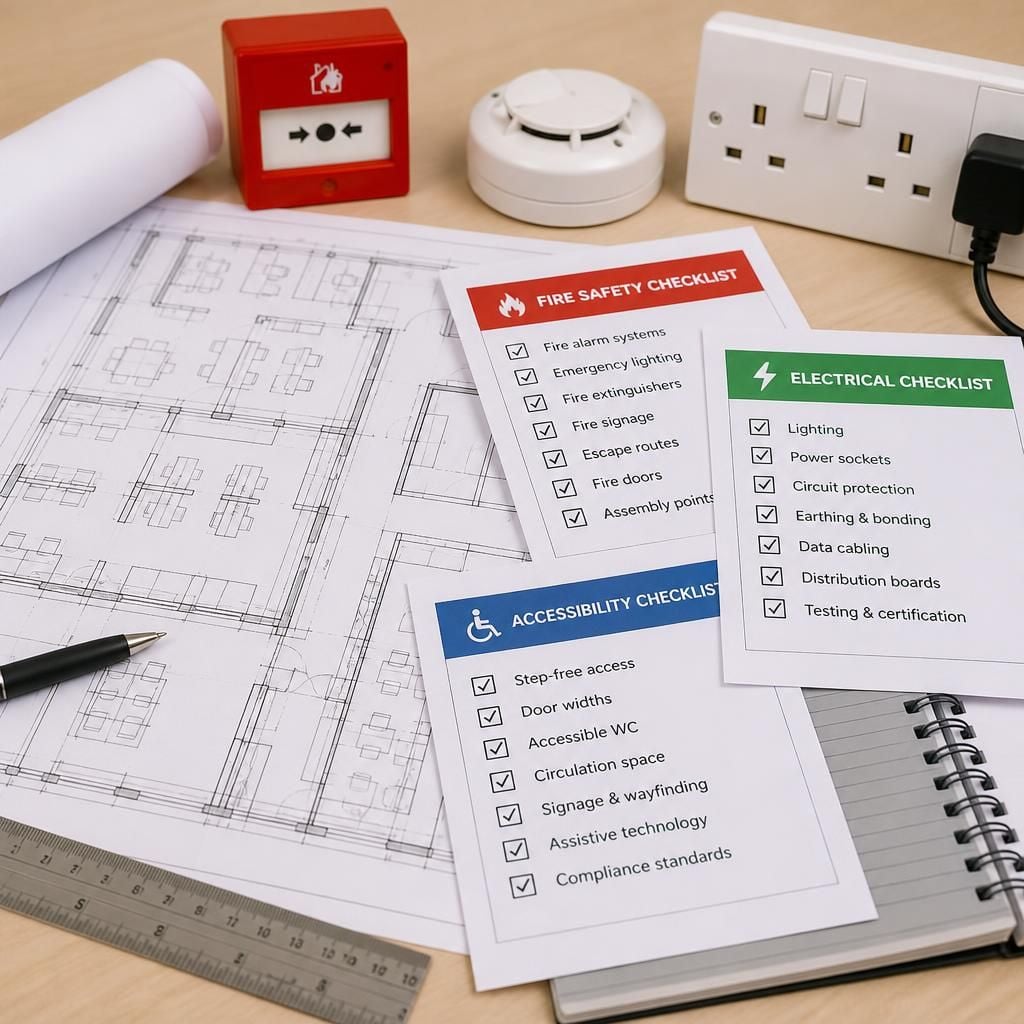 Office fit-out drawings beside fire safety, electrical and accessibility checklists