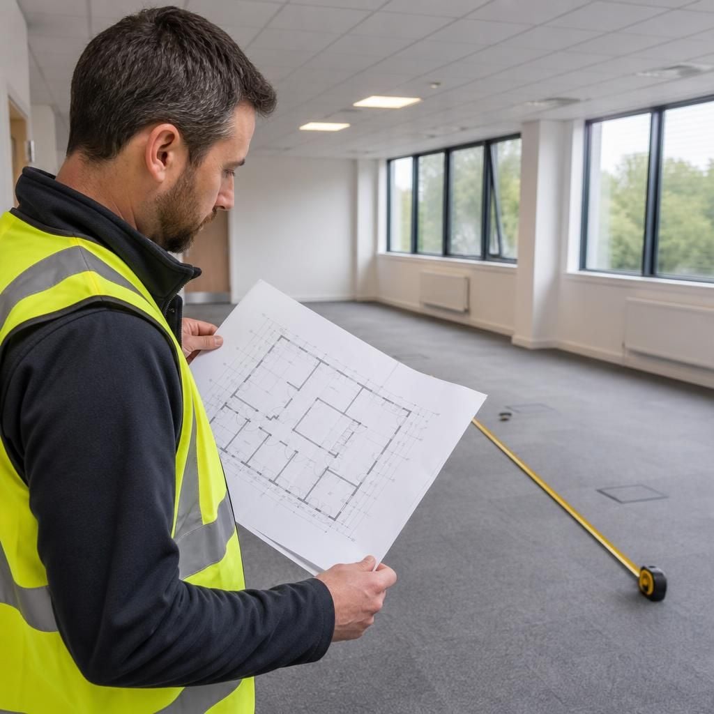Surveyor reviewing office floor plans beside a measured workspace