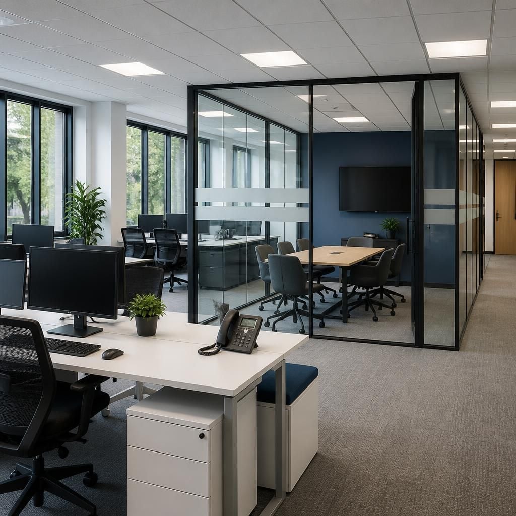 Modern office interior with desks, meeting table and glass partitioning