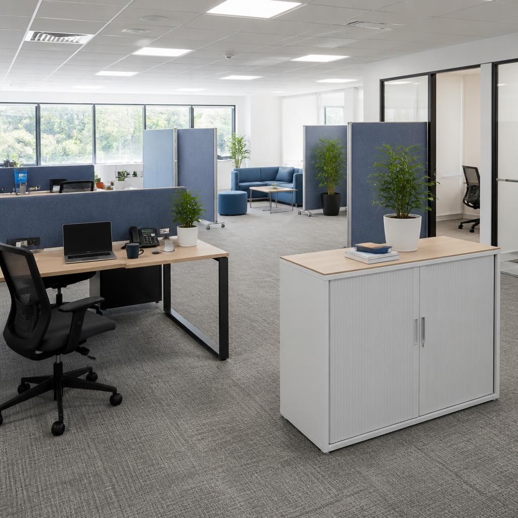 Office desks, storage units and movable screens arranged in a flexible workspace