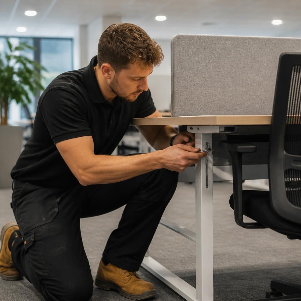 Technician checking office desk fixings beside a partition