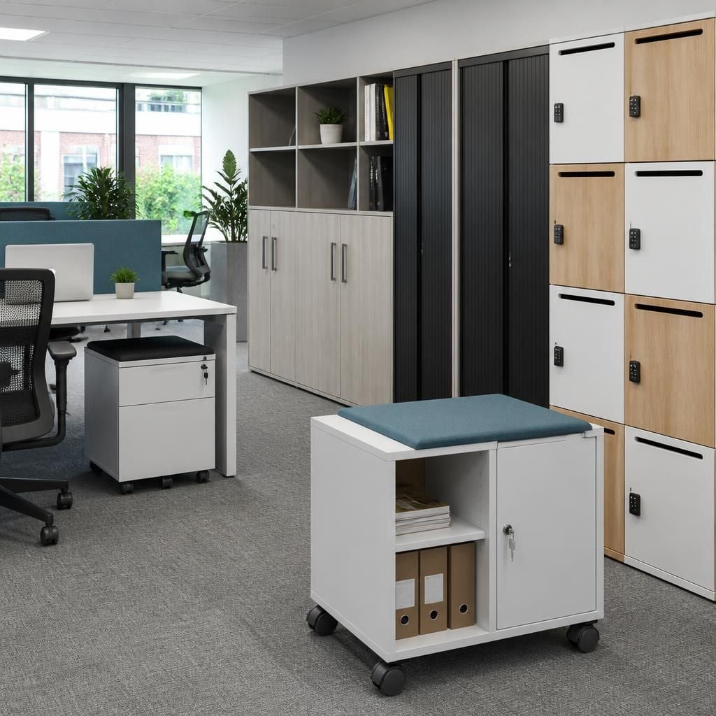 Office workspace with lockers, shared cupboards and mobile storage units