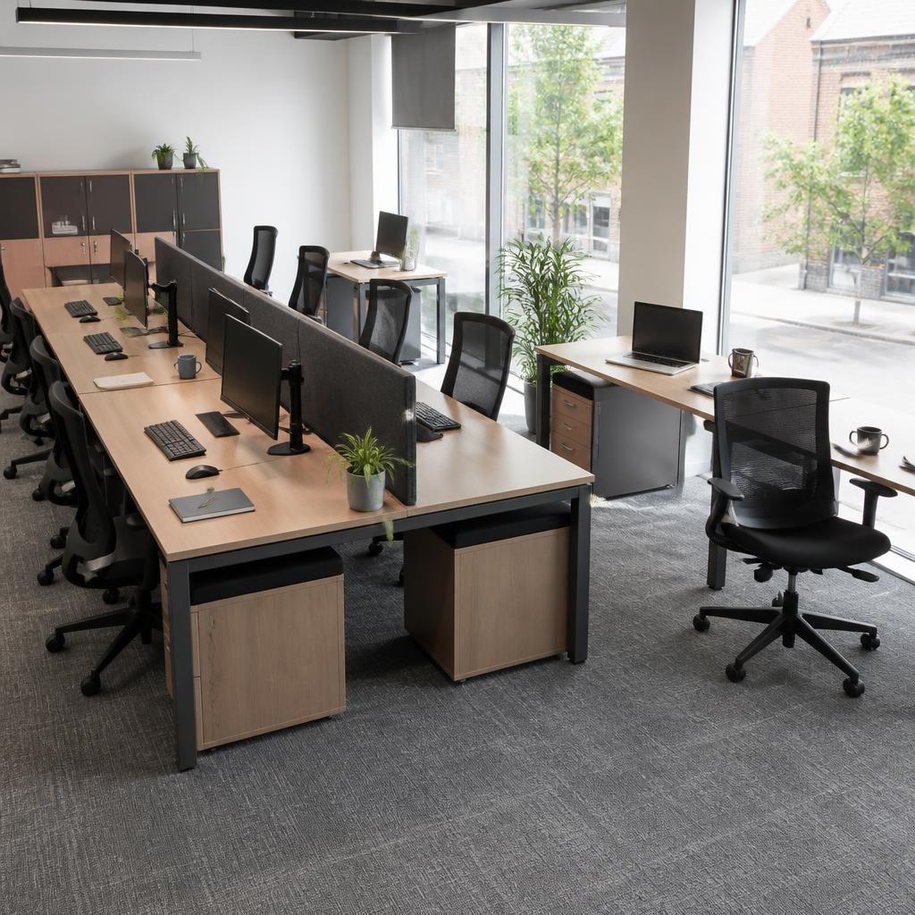 Connected office benching beside separate desks in a planned workspace