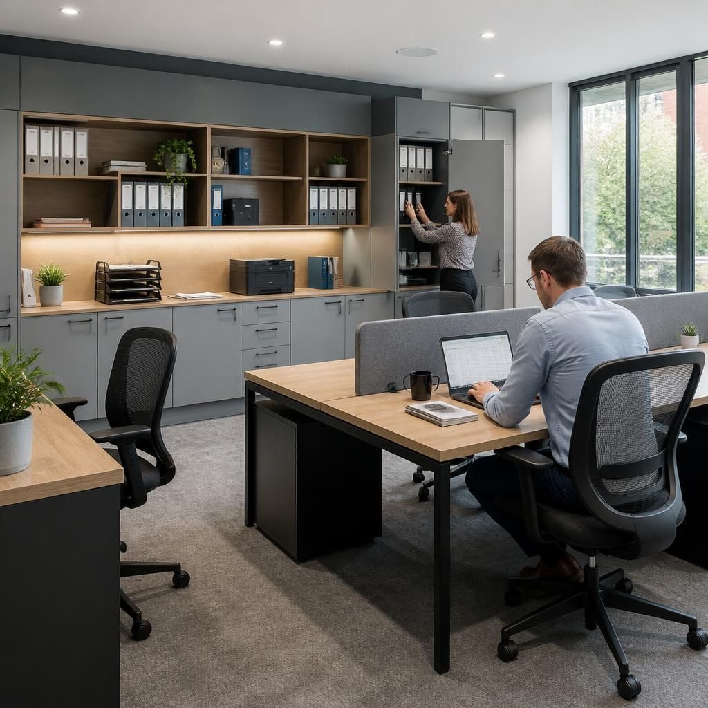 Office with built-in cabinets and freestanding desks