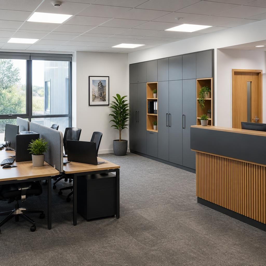 Office with modular desks beside fixed storage units and a built-in reception counter