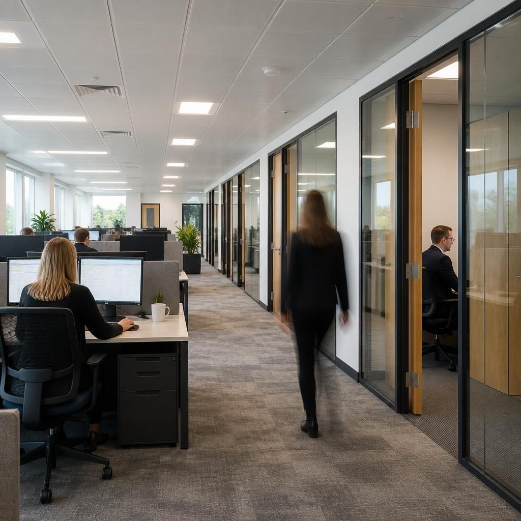Open-plan desks and enclosed office rooms within a contemporary workplace