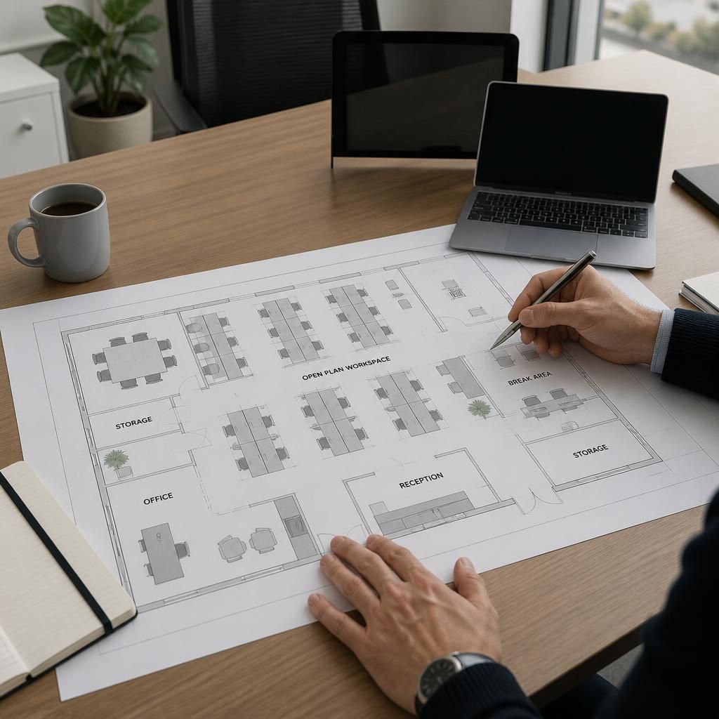 Office furniture plan showing desks, storage units and meeting tables labelled by room